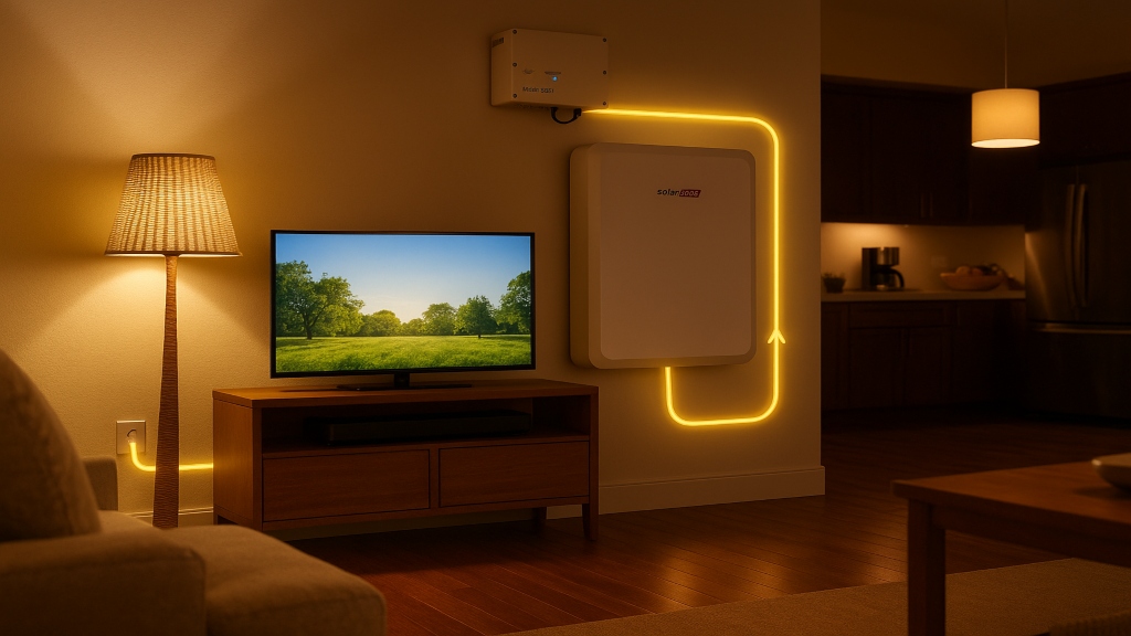 Rappresentazione di un sistema di accumulo che cede energia alla casa per coprire i consumi la sera.
