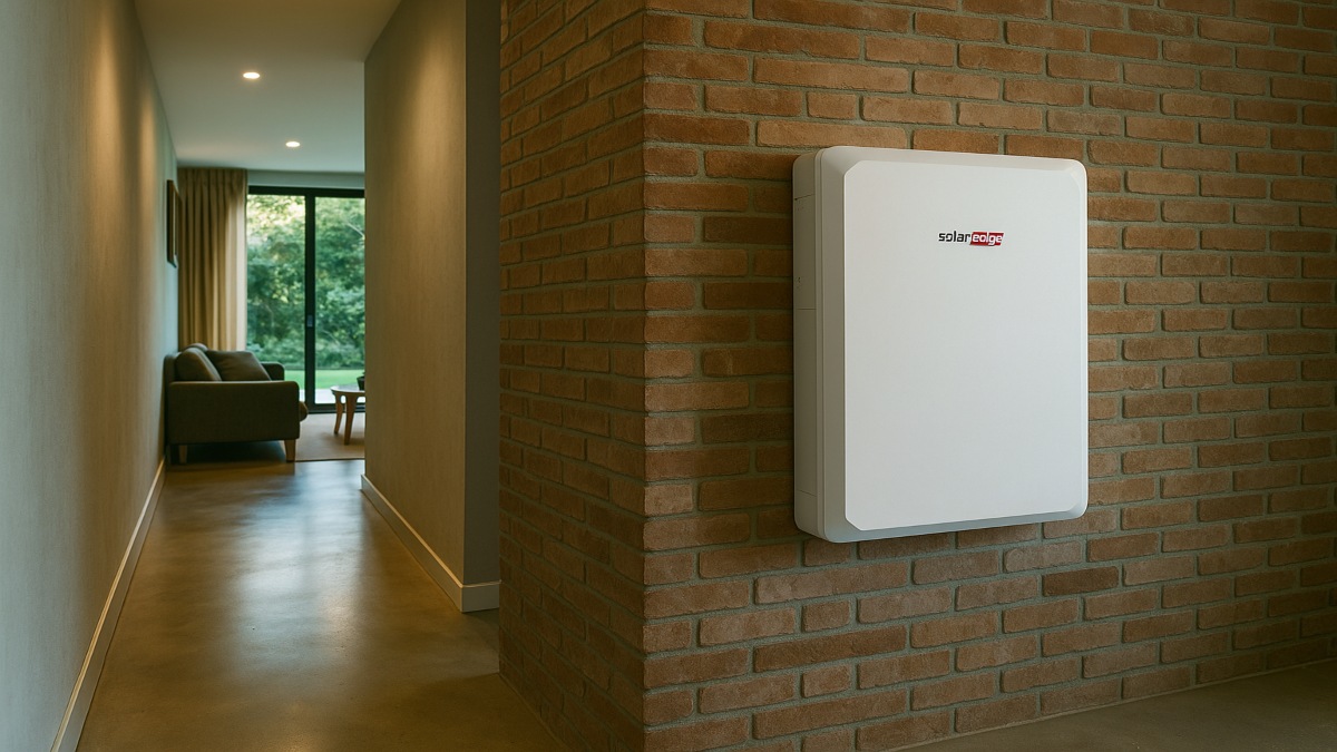 Un sistema di accumulo appeso su una parete di mattoni all'interno di una villa moderna.